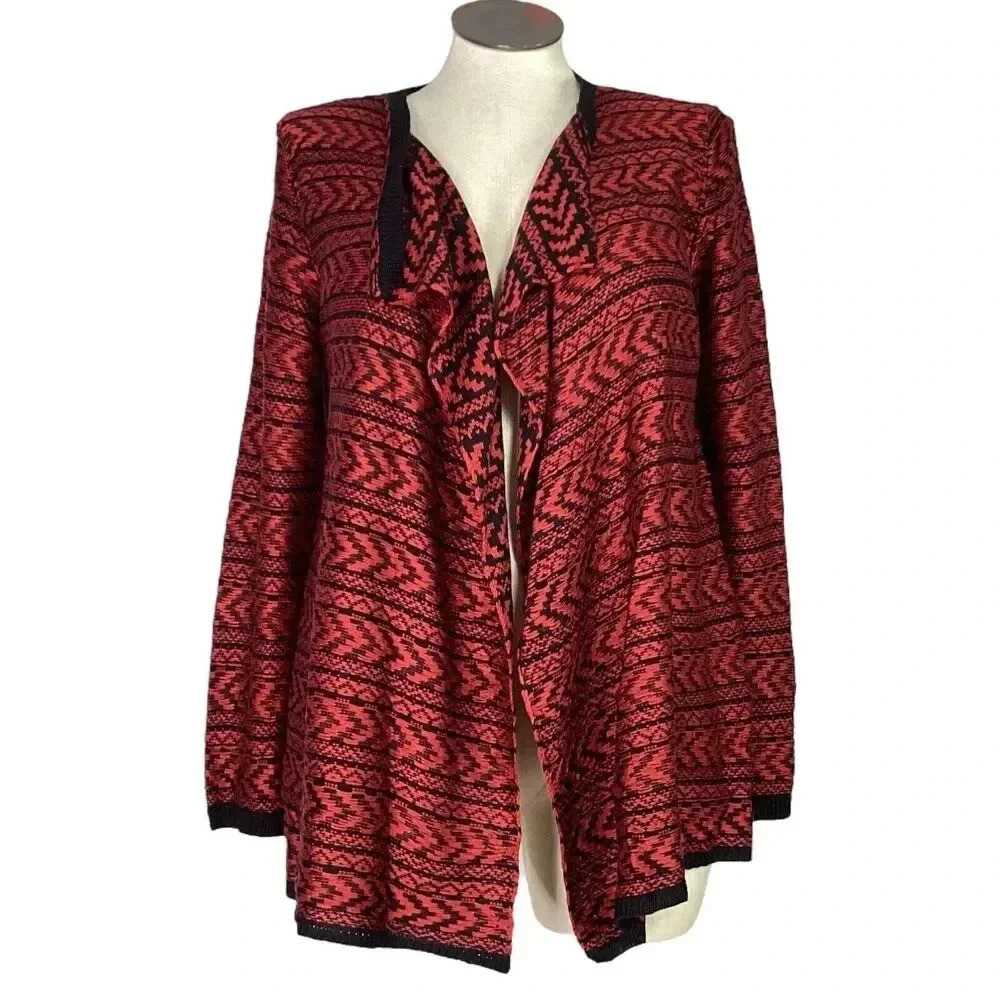 One World Cardigan Sweater Women XL Black Red Southwest Fringe Long Sleeve Open